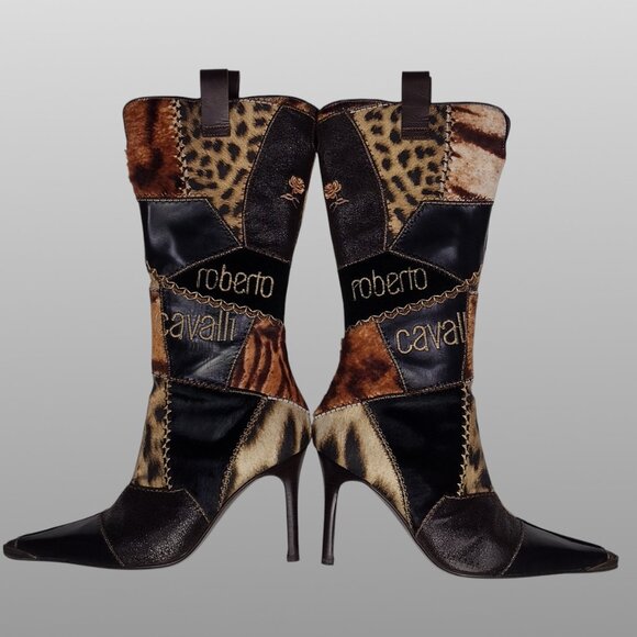 Roberto Cavalli Signature Pony Hair Calfskin Jaguar Print Boots 36 with Box - Picture 5 of 16